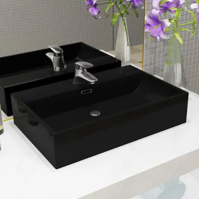 The Living Store Umivalnik z odprtino za pipo iz keramike črn 76x42,5x14,5 cm - Umivalnik