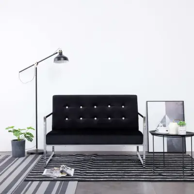 The Living Store Kavč dvosed z naslonjali za roke črn krom in žamet - Naslanjač
