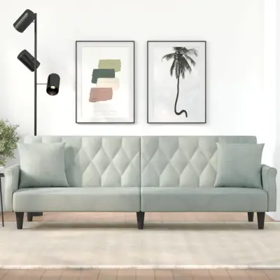 The Living Store Raztegljiv kavč z naslonjali za roke svetlo siv žamet - Raztegljiv Kavč