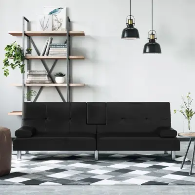 The Living Store Raztegljiv kavč z držali za skodelice črno umetno usnje - Raztegljiv Kavč
