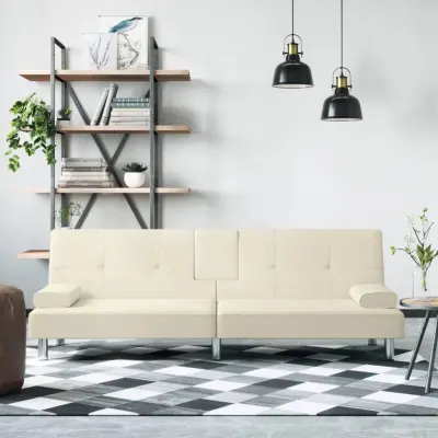 The Living Store Raztegljiv kavč z držali za skodelice krem umetno usnje - Raztegljiv Kavč