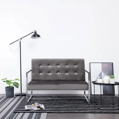 The Living Store Kavč dvosed z naslonjali za roke temno siv krom in žamet - Naslanjač
