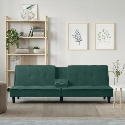 The Living Store Raztegljiv kavč z držali za skodelice temno zelen žamet - Raztegljiv Kavč