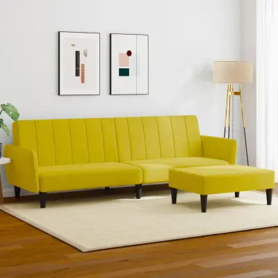 The Living Store Kavč dvosed s stolčkom za noge rumen žamet - Kavč Z Ležiščem