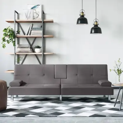 The Living Store Raztegljiv kavč z držali za skodelice sivo umetno usnje - Raztegljiv Kavč