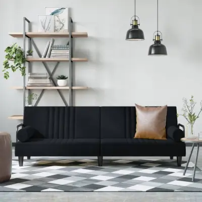 The Living Store Raztegljiv kavč z naslonjali za roke črno žamet - Raztegljiv Kavč