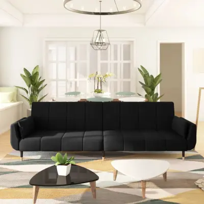 The Living Store Raztegljiv kavč dvosed z blazinama črn žamet - Raztegljiv Kavč