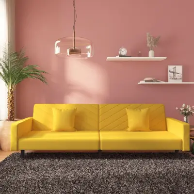 The Living Store Kavč dvosed z ležiščem in dvema blazinama rumen žamet - Raztegljiv Kavč