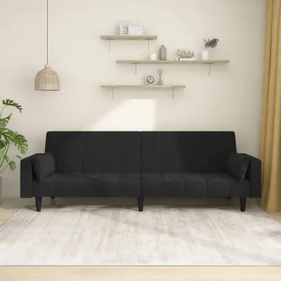 The Living Store Kavč dvosed z ležiščem in dvema blazinama črn žamet - Raztegljiv Kavč