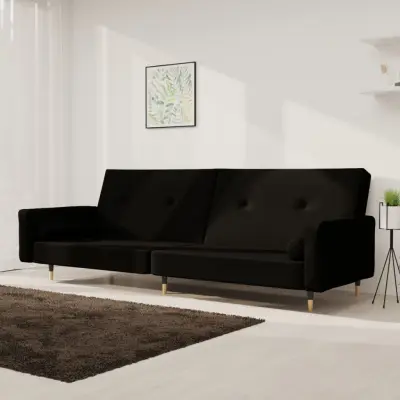 The Living Store Kavč dvosed z ležiščem in dvema blazinama črn žamet - Raztegljiv Kavč