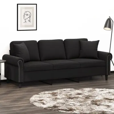 The Living Store Kavč trosed z okrasnimi blazinami črn 180 cm žamet - Trosed