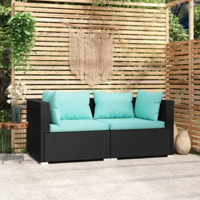 The Living Store Kavč dvosed z blazinami črn poli ratan - Dvosed