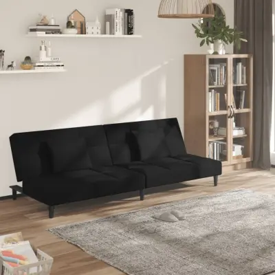 The Living Store Kavč dvosed z ležiščem in dvema blazinama črn žamet - Raztegljiv Kavč
