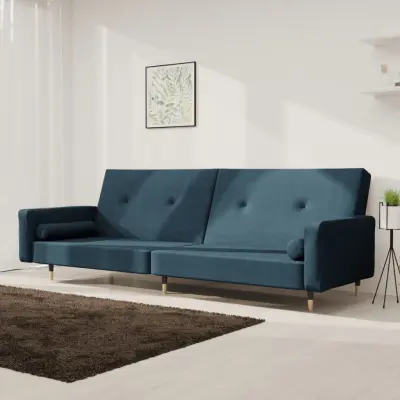 The Living Store Kavč dvosed z ležiščem in dvema blazinama moder žamet - Raztegljiv Kavč