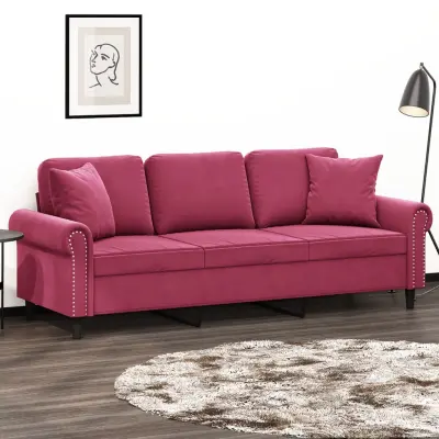 The Living Store Kavč trosed z okrasnimi blazinami vinsko rdeč 180 cm žamet - Trosed