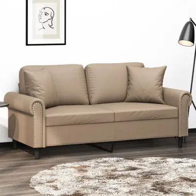 The Living Store Kavč dvosed z okrasnimi blazinami kapučino 140 cm umetno usnje - Kavč Dvosed