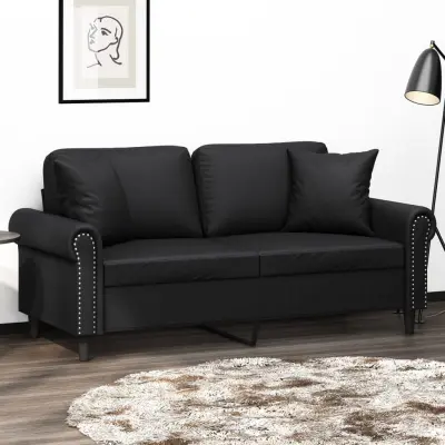 The Living Store Kavč dvosed z okrasnimi blazinami črn 140 cm umetno usnje - Kavč Dvosed