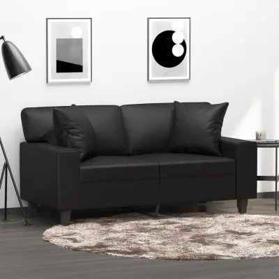 The Living Store Kavč dvosed z okrasnimi blazinami črn 120 cm umetno usnje - Kavč Dvosed