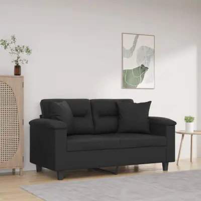 The Living Store Kavč dvosed z okrasnimi blazinami črn 120 cm umetno usnje - Kavč Dvosed