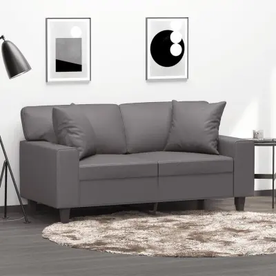 The Living Store Kavč dvosed z okrasnimi blazinami siv 120 cm umetno usnje - Kavč Dvosed