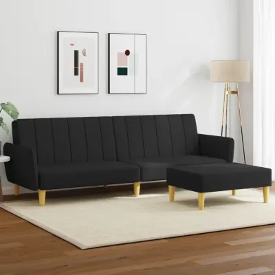 The Living Store Kavč dvosed z ležiščem in stolčkom za noge črno blago - Kavč Z Ležiščem