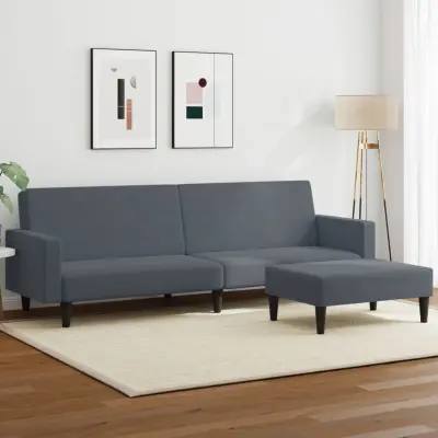 The Living Store Kavč dvosed z ležiščem in stolčkom za noge temno siv žamet - Kavč Z Ležiščem