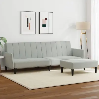 The Living Store Kavč dvosed z ležiščem in stolčkom za noge svetlo siv žamet - Kavč Z Ležiščem
