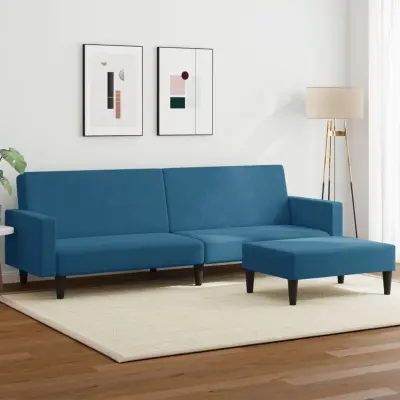 The Living Store Kavč dvosed z ležiščem in stolčkom za noge moder žamet - Kavč Z Ležiščem
