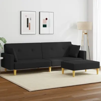 The Living Store Kavč dvosed z ležiščem in stolčkom za noge črno blago - Kavč Z Ležiščem