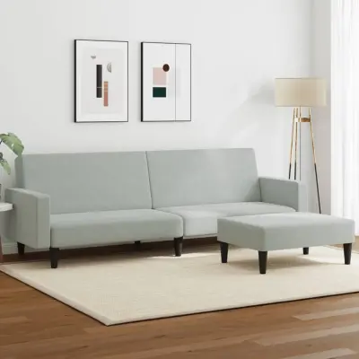 The Living Store Kavč dvosed z ležiščem in stolčkom za noge svetlo siv žamet - Kavč Z Ležiščem