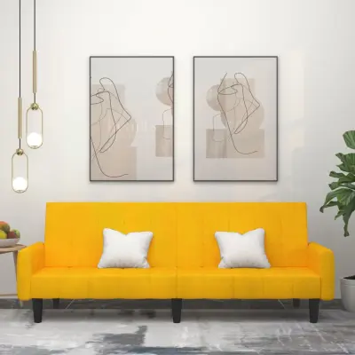 The Living Store Kavč dvosed z ležiščem rumen žamet - Raztegljiv Kavč