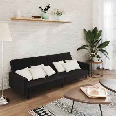 The Living Store Kavč dvosed z ležiščem črn žamet - Raztegljiv Kavč