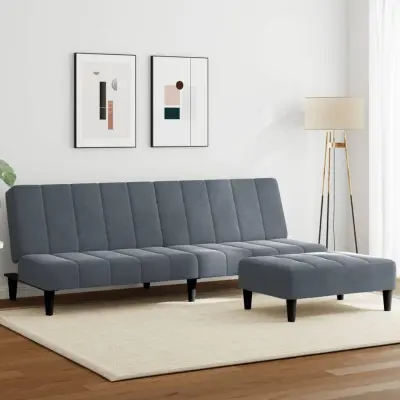 The Living Store Kavč dvosed z ležiščem in stolčkom za noge temno siv žamet - Kavč Z Ležiščem