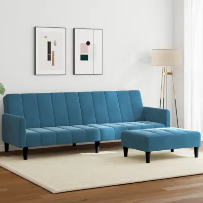The Living Store Kavč dvosed z ležiščem in stolčkom za noge moder žamet - Kavč Z Ležiščem