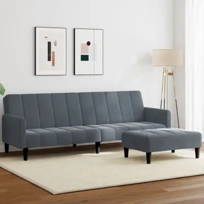 The Living Store Kavč dvosed z ležiščem in stolčkom za noge temno siv žamet - Kavč Z Ležiščem
