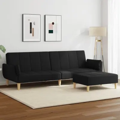 The Living Store Kavč dvosed z ležiščem in stolčkom za noge črno blago - Kavč Z Ležiščem