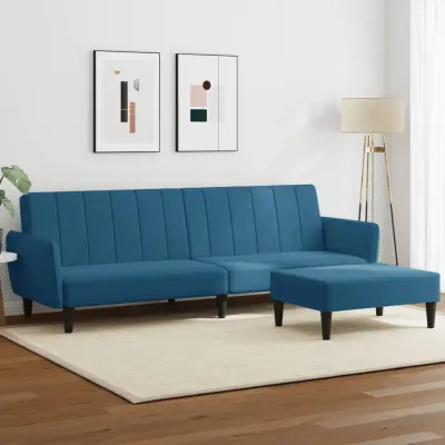 The Living Store Kavč dvosed z ležiščem in stolčkom za noge moder žamet - Kavč Z Ležiščem