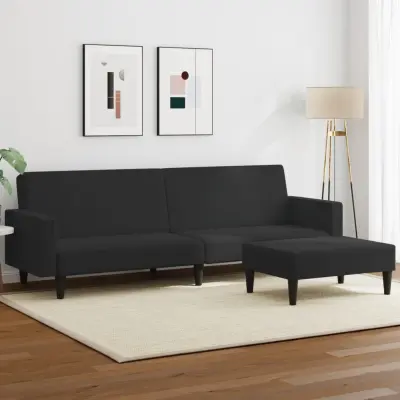 The Living Store Kavč dvosed z ležiščem in stolčkom za noge črn žamet - Kavč Z Ležiščem