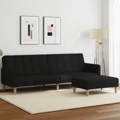 The Living Store Kavč dvosed z ležiščem in stolčkom za noge črno blago - Kavč Z Ležiščem