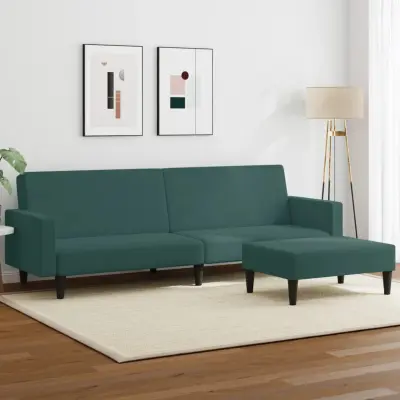 The Living Store Kavč dvosed z ležiščem in stolčkom za noge temno zelen žamet - Kavč Z Ležiščem