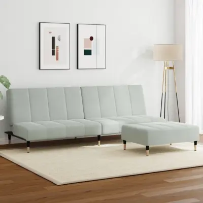 The Living Store Kavč dvosed z ležiščem in stolčkom za noge svetlo siv žamet - Kavč Z Ležiščem