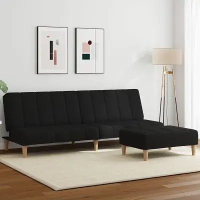 The Living Store Kavč dvosed z ležiščem in stolčkom za noge črno blago - Kavč Z Ležiščem
