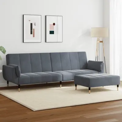The Living Store Kavč dvosed z ležiščem in stolčkom za noge temno siv žamet - Kavč Z Ležiščem