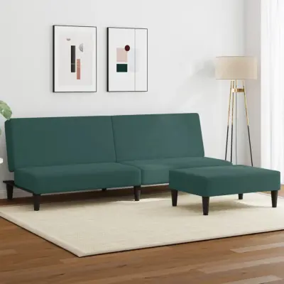 The Living Store Kavč dvosed z ležiščem in stolčkom za noge temno zelen žamet - Kavč Z Ležiščem
