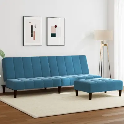 The Living Store Kavč dvosed z ležiščem in stolčkom za noge moder žamet - Kavč Z Ležiščem