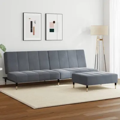 The Living Store Kavč dvosed z ležiščem in stolčkom za noge temno siv žamet - Kavč Z Ležiščem