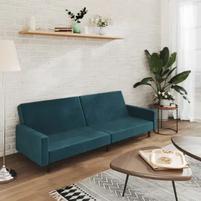 The Living Store Kavč dvosed z ležiščem moder žamet - Raztegljiv Kavč