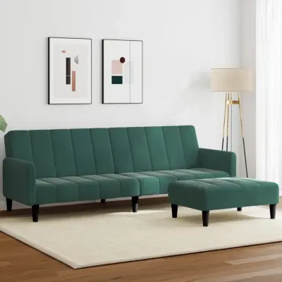 The Living Store Kavč dvosed z ležiščem in stolčkom za noge temno zelen žamet - Kavč Z Ležiščem