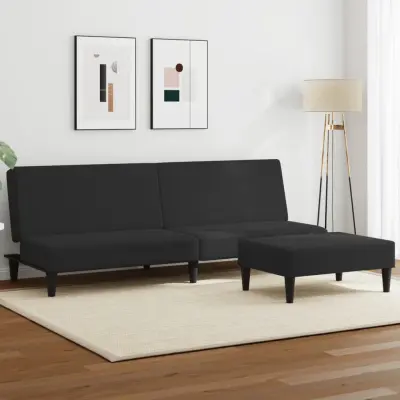 The Living Store Kavč dvosed z ležiščem in stolčkom za noge črn žamet - Kavč Z Ležiščem
