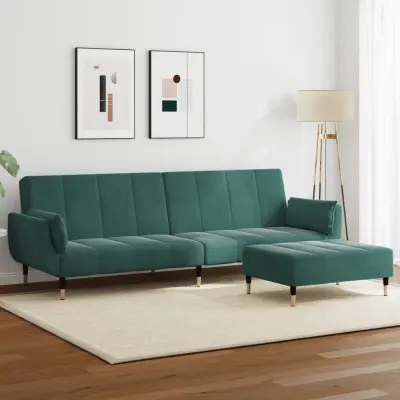 The Living Store Kavč dvosed z ležiščem in stolčkom za noge temno zelen žamet - Kavč Z Ležiščem